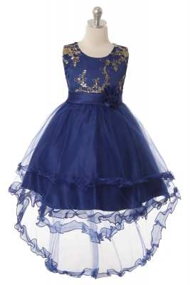 Girls Dress Style 1048 - Elegant Sleeveless Hi Low Dress with Gold Floral Applique in Choice of Colo
